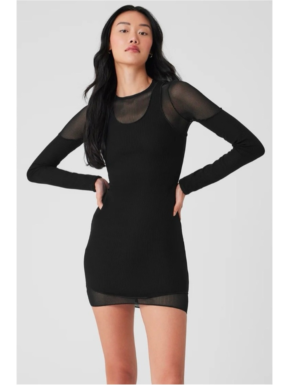 Alo Yoga Striped Mesh Synergy Long Sleeve Dress Black Sz XS